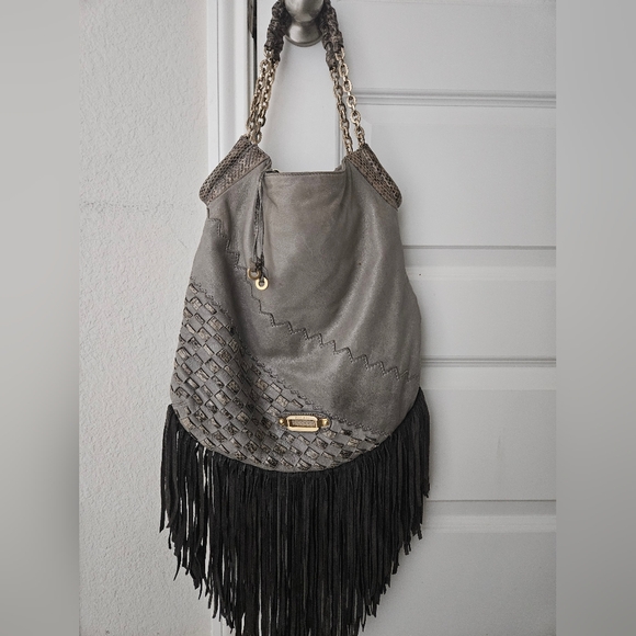 Jimmy Choo Grey/Black Leather and Python Trim Tatum Fringe Hobo - Picture 2 of 8